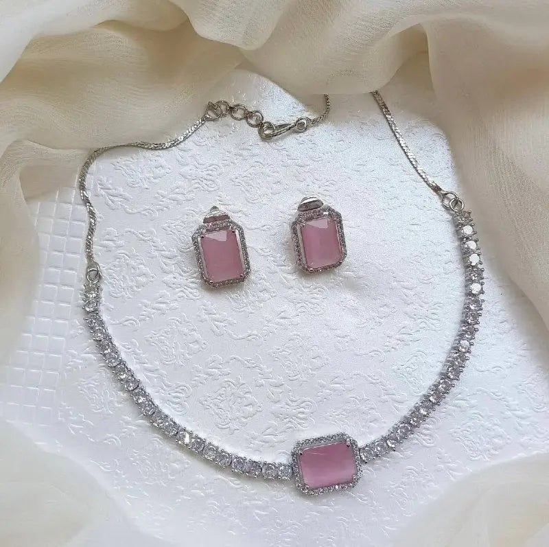 Pink Crystal Minimal Necklace Set for Women | Elegant Square Pendant Jewellery Set Imitation Jewellery | ImiStyleJewellery - Imistyle Jewellery