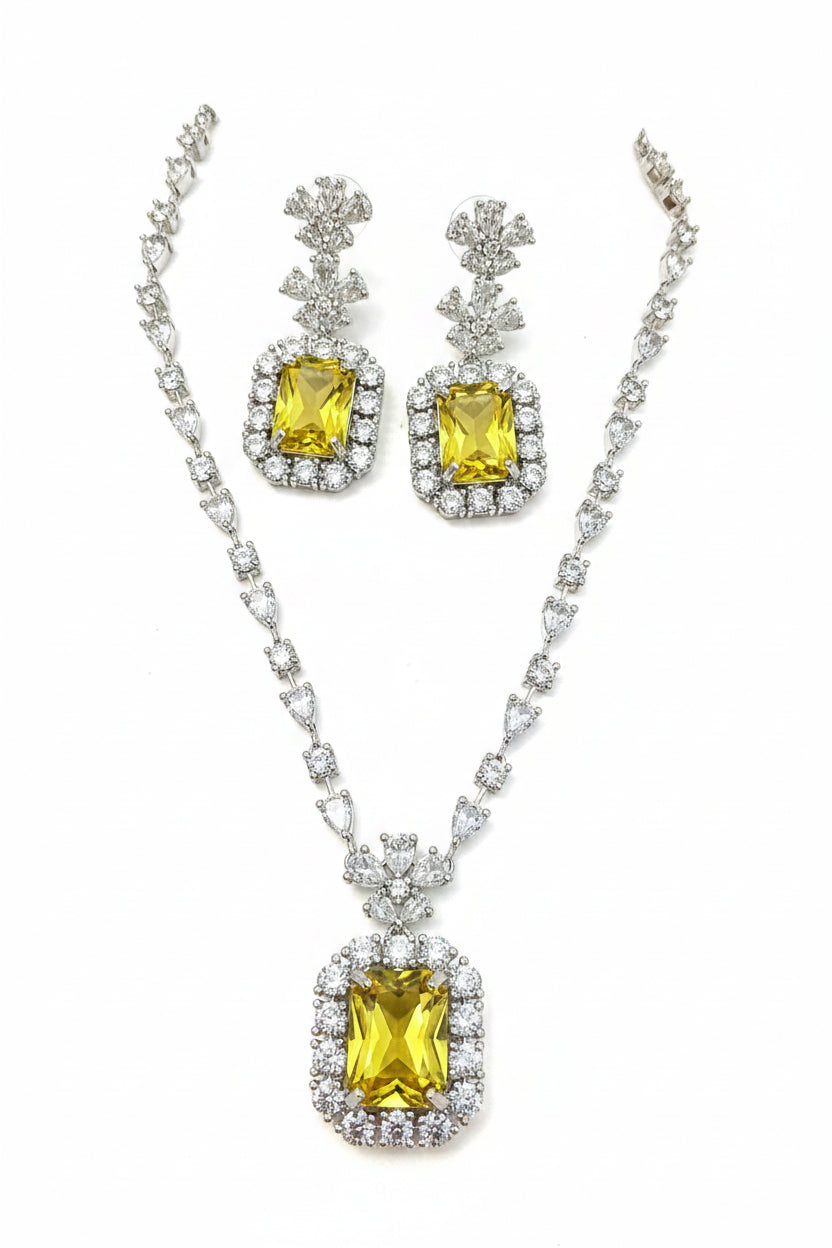 Elegant Yellow Stone Necklace Set for Women | Crystal Square Pendant Earrings Set Imitation Jewellery | ImiStyleJewellery - Imistyle Jewellery