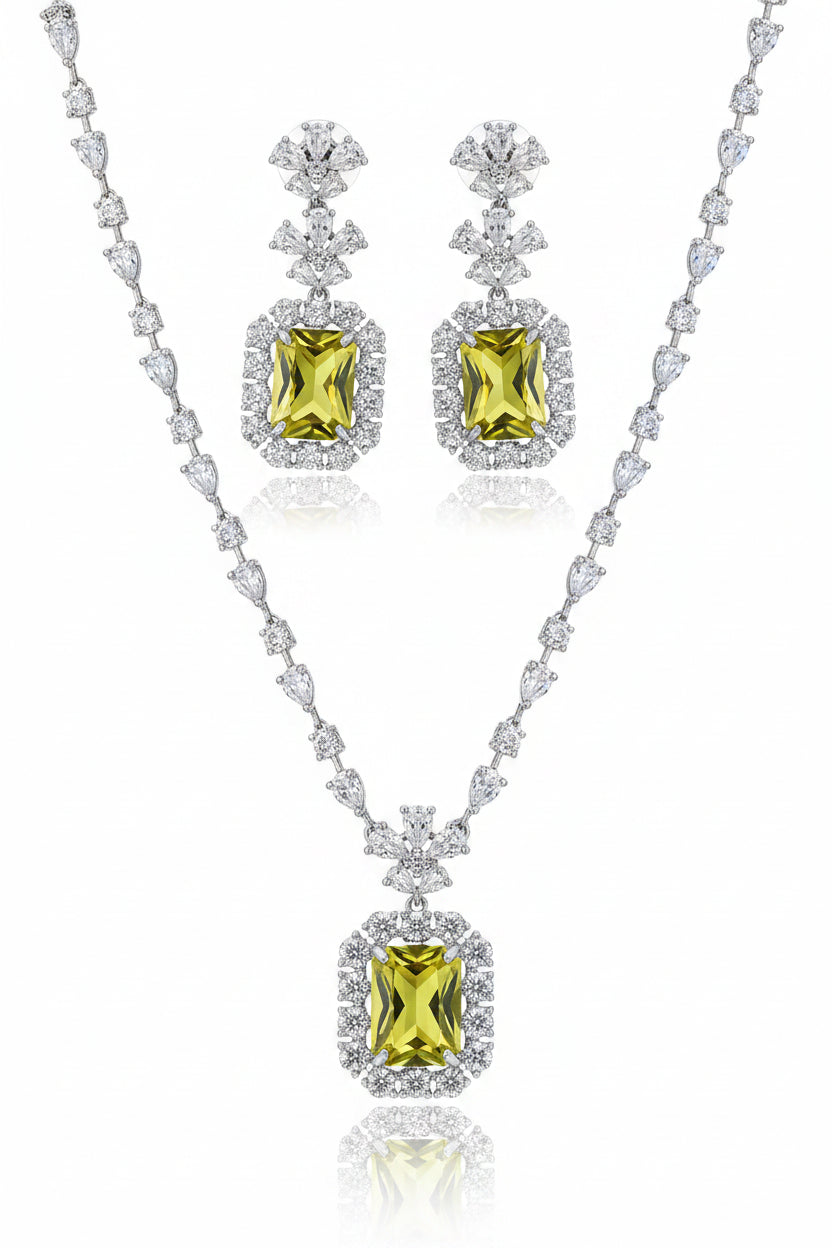 Elegant Yellow Stone Necklace Set for Women | Crystal Square Pendant Earrings Set Imitation Jewellery | ImiStyleJewellery - Imistyle Jewellery
