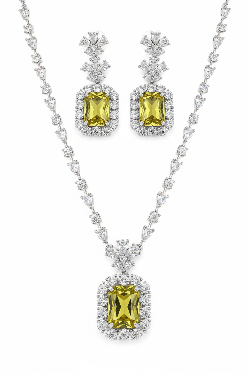 Elegant Yellow Stone Necklace Set for Women | Crystal Square Pendant Earrings Set Imitation Jewellery | ImiStyleJewellery