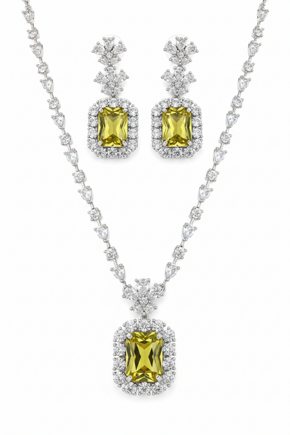 Elegant Yellow Stone Necklace Set for Women | Crystal Square Pendant Earrings Set Imitation Jewellery | ImiStyleJewellery