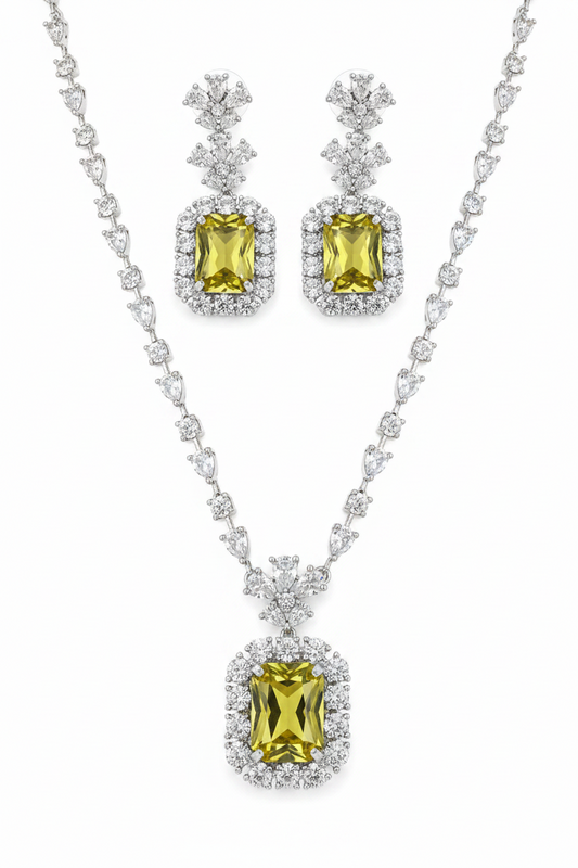 Elegant Yellow Stone Necklace Set for Women | Crystal Square Pendant Earrings Set Imitation Jewellery | ImiStyleJewellery