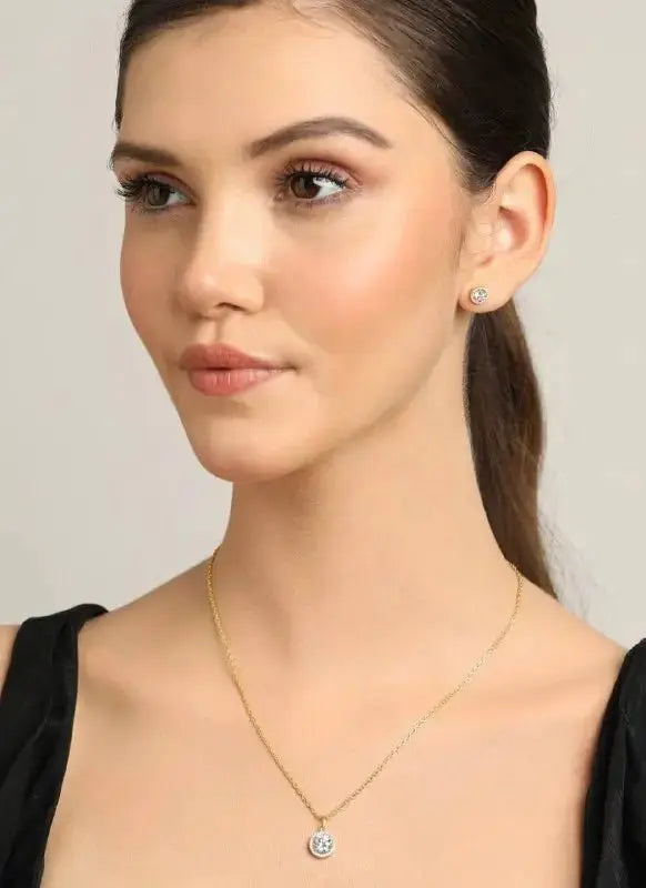 Gold Round Pendant Necklace Set with Stud Earrings | Minimal CZ Diamond Jewellery for Women - Imistyle Jewellery