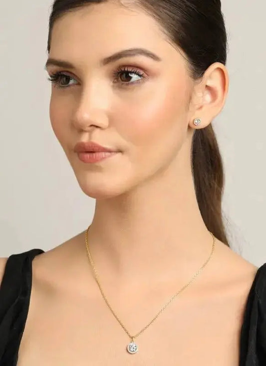 Gold Round Pendant Necklace Set with Stud Earrings | Minimal CZ Diamond Jewellery for Women - Imistyle Jewellery