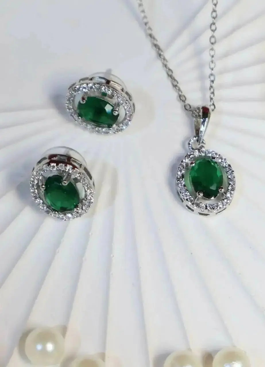 Emerald Green Pendant Necklace Set with Earrings | Elegant American Diamond Minimal Jewellery for Women | ImiStyleJewellery - Imistyle Jewellery