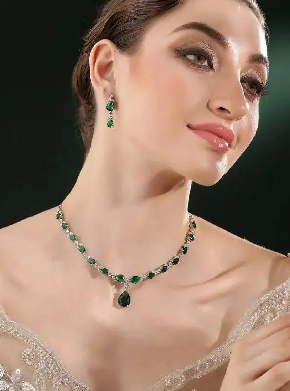 Emerald Green Teardrop Necklace Set for Women | Crystal Stone Party Wear Jewellery Set Imitation Jewellery | ImiStyleJewellery - Imistyle Jewellery