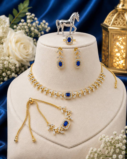 Royal crystal jewelry set with necklace, earrings, ring and bracelet for women, perfect for bridal and party wear.