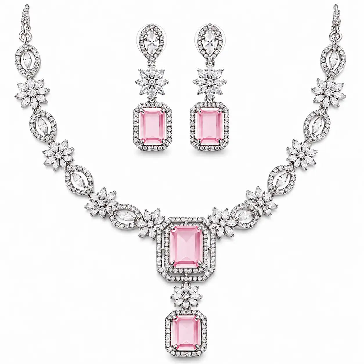Elegant Pink Stone Floral Necklace Set for Women | Crystal Drop Pendant Earrings Set Imitation Jewellery | ImiStyleJewellery