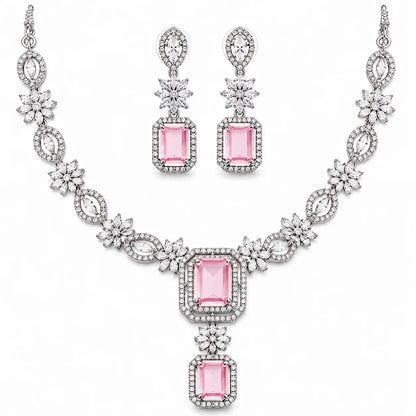 Elegant Pink Stone Floral Necklace Set for Women | Crystal Drop Pendant Earrings Set Imitation Jewellery | ImiStyleJewellery