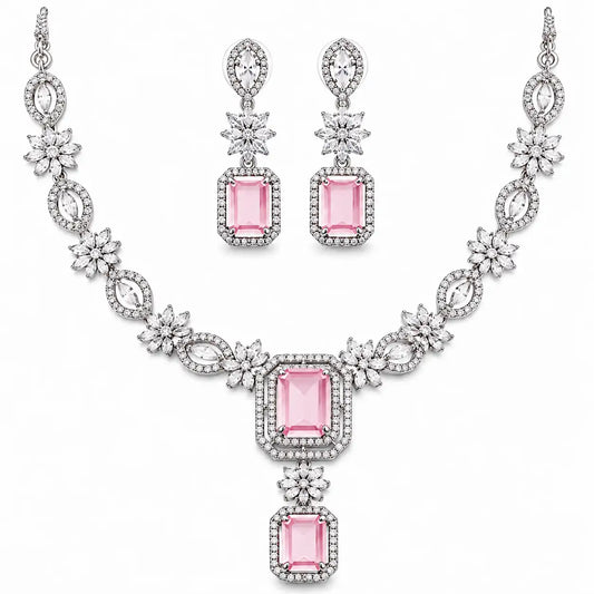 Elegant Pink Stone Floral Necklace Set for Women | Crystal Drop Pendant Earrings Set Imitation Jewellery | ImiStyleJewellery