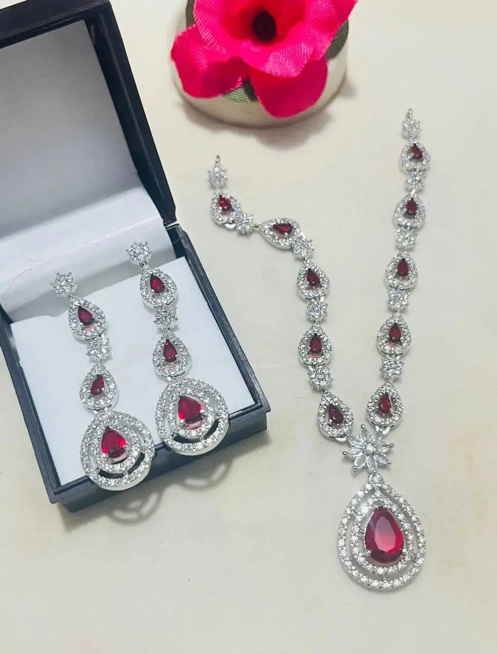 Teardrop Crystal Necklace Set for Women | Luxury Stone Imitation Jewellery Necklace Set with Earrings (Blue, Green, Red, Pink, White) – ImistyleJewellery - Imistyle Jewellery