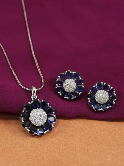 Elegant Blue Floral Pendant Set for Women | Crystal Round Necklace & Stud Earrings Imitation Jewellery | ImiStyleJewellery - Imistyle Jewellery
