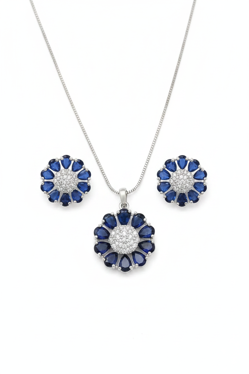 Elegant Blue Floral Pendant Set for Women | Crystal Round Necklace & Stud Earrings Imitation Jewellery | ImiStyleJewellery