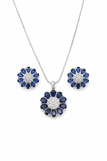 Elegant Blue Floral Pendant Set for Women | Crystal Round Necklace & Stud Earrings Imitation Jewellery | ImiStyleJewellery