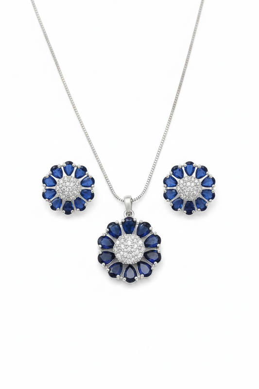 Elegant Blue Floral Pendant Set for Women | Crystal Round Necklace & Stud Earrings Imitation Jewellery | ImiStyleJewellery