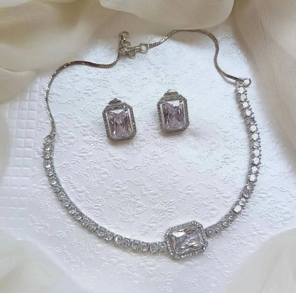 Pink Crystal Minimal Necklace Set for Women | Elegant Square Pendant Jewellery Set Imitation Jewellery | ImiStyleJewellery - Imistyle Jewellery
