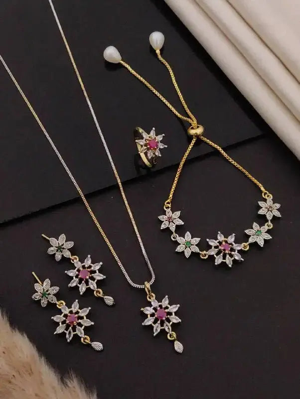 Floral Crystal Jewellery Set for Women | Gold Bracelet, Necklace, Ring & Earrings Combo Imitation Jewellery | ImiStyleJewellery - Imistyle Jewellery