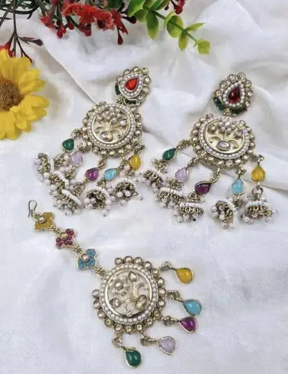 Multicolor Oxidised Chandbali Earrings with Maang Tikka Set | Traditional Pearl Drop Ethnic Jewellery for Women | ImiStyleJewellery - Imistyle Jewellery