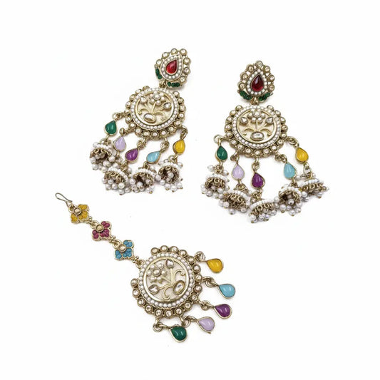Multicolor Oxidised Chandbali Earrings with Maang Tikka Set | Traditional Pearl Drop Ethnic Jewellery for Women | ImiStyleJewellery - Imistyle Jewellery