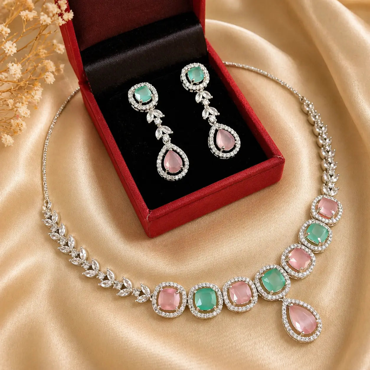 Dual Tone Pink & Mint Stone Necklace Set with Drop Earrings | Luxury Imitation Jewellery for Women | ImiStyleJewellery - Imistyle Jewellery