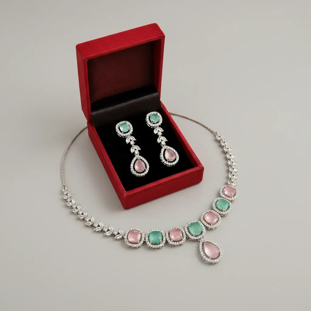 Dual Tone Pink & Mint Stone Necklace Set with Drop Earrings | Luxury Imitation Jewellery for Women | ImiStyleJewellery - Imistyle Jewellery