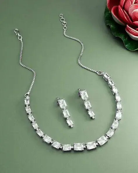 White Crystal Necklace Set with Earrings | Elegant CZ Diamond Jewellery Set for Women - Imistyle Jewellery
