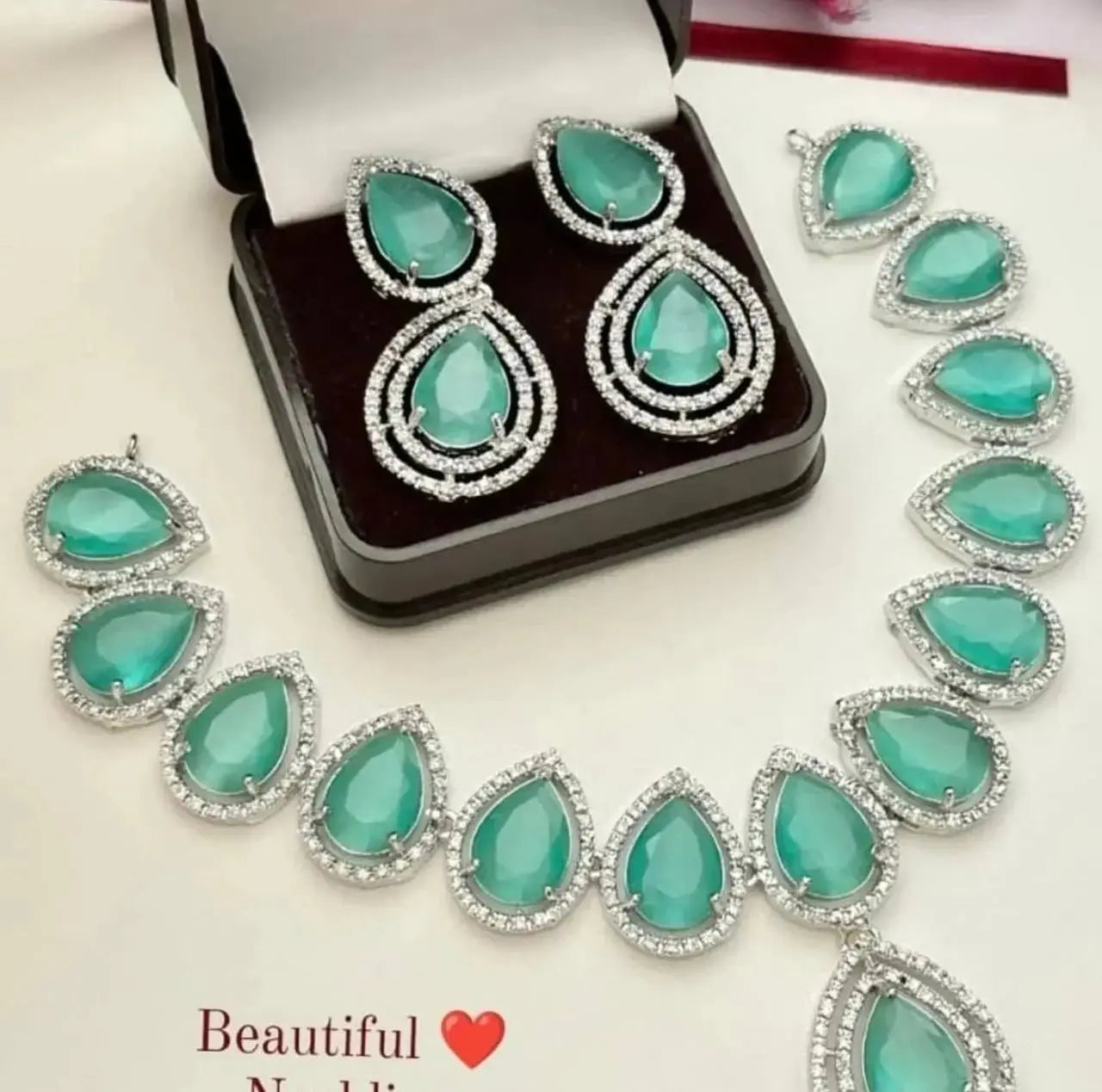 Aqua Green Teardrop Necklace Set with Earrings | Luxury Diamond Finish Imitation Jewellery for Women | ImiStyleJewellery - Imistyle Jewellery