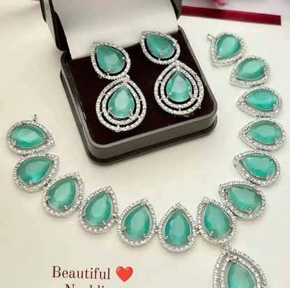 Aqua Green Teardrop Necklace Set with Earrings | Luxury Diamond Finish Imitation Jewellery for Women | ImiStyleJewellery - Imistyle Jewellery