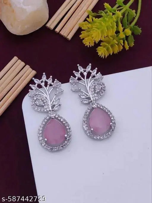 Elegant Pink Teardrop American Diamond Earrings | Leaf Design Party Wear Jewellery for Women | ImiStyleJewellery - Imistyle Jewellery
