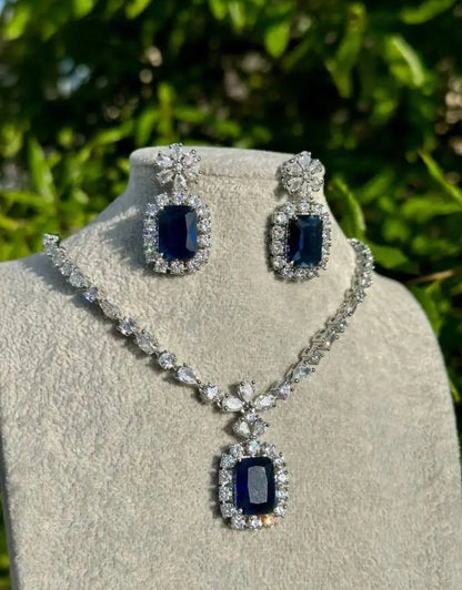 Elegant Blue Stone Necklace Set for Women | Crystal Halo Pendant Earrings Set Imitation Jewellery | ImiStyleJewellery - Imistyle Jewellery