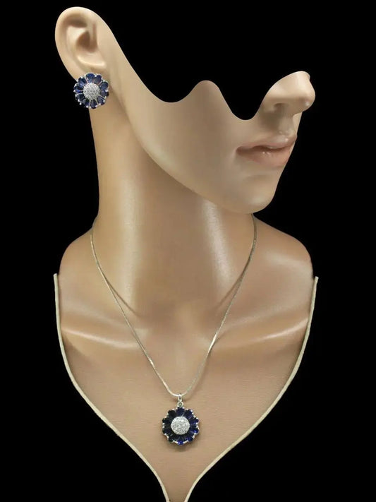 Elegant Blue Floral Pendant Set for Women | Crystal Round Necklace & Stud Earrings Imitation Jewellery | ImiStyleJewellery - Imistyle Jewellery