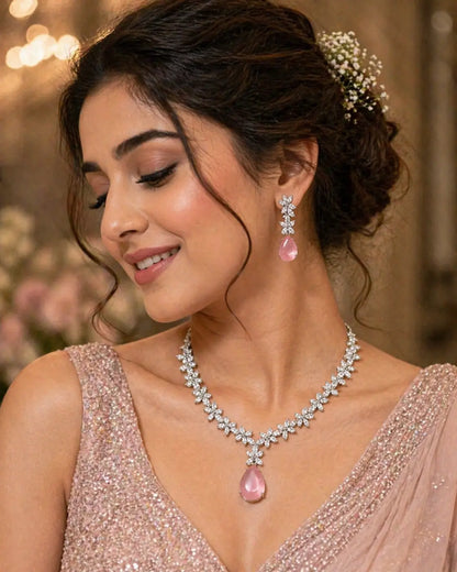 Blush Pink Teardrop Necklace Set with Floral Crystal Design | Elegant Imitation Jewellery for Women | ImiStyleJewellery - Imistyle Jewellery