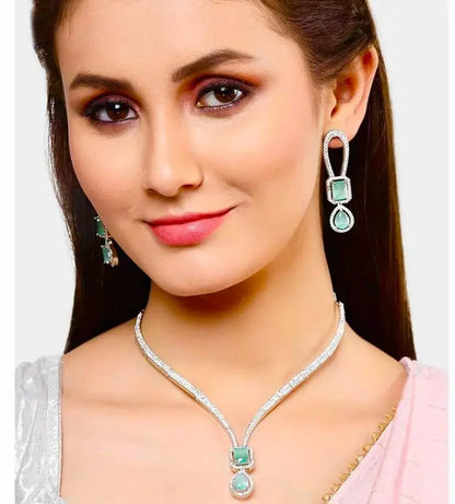 Mint Green Stone Necklace Set for Women | CZ Diamond Pendant & Earrings Set | ImiStyleJewellery - Imistyle Jewellery
