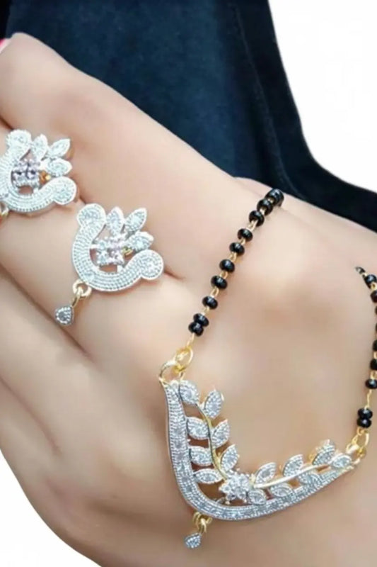 Luxury American Diamond Leaf Design Mangalsutra Set with Earrings | Elegant Black Beads Jewellery for Women | ImiStyleJewellery - Imistyle Jewellery