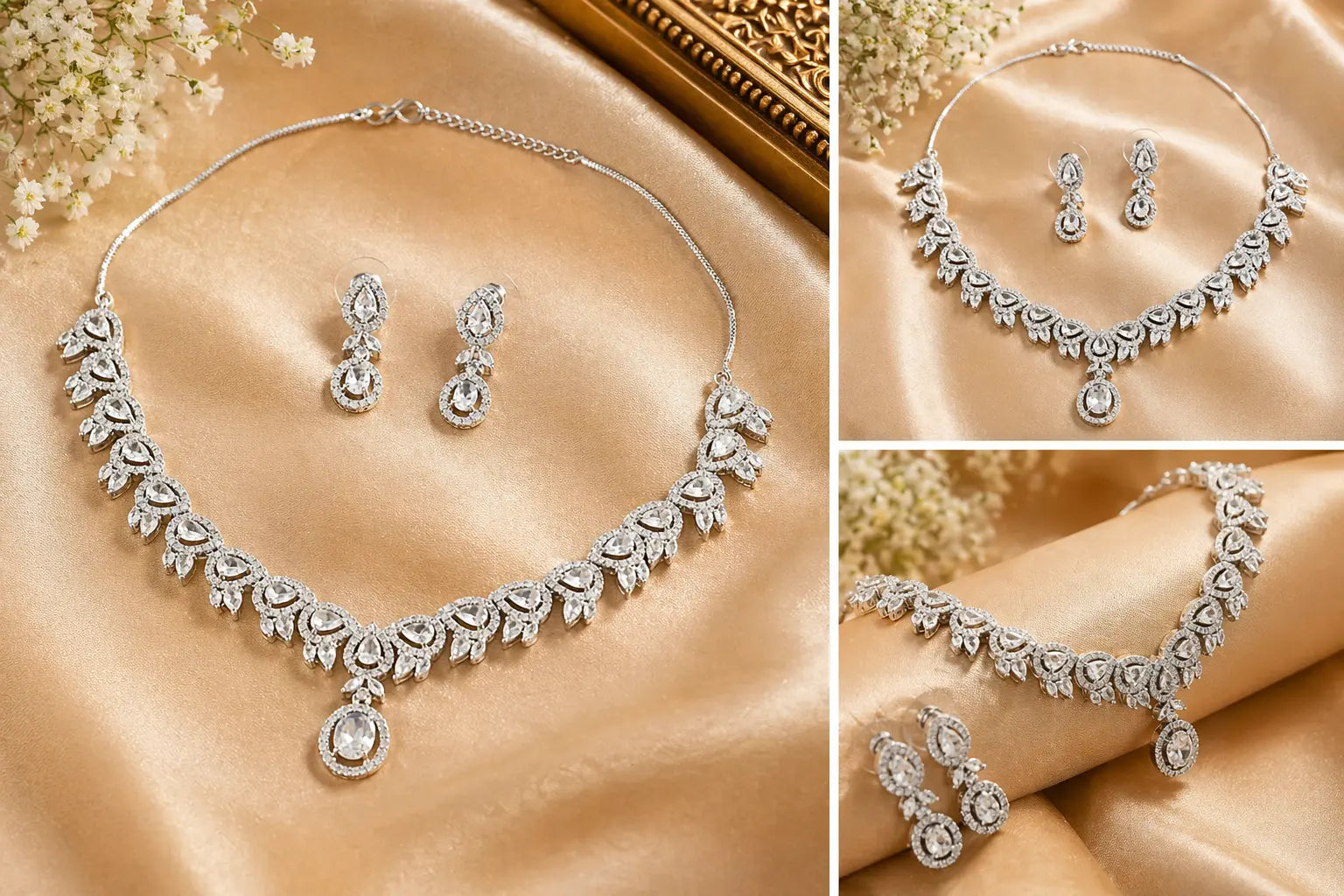 Elegant American Diamond Necklace Set with Earrings | Luxury Leaf Design Choker Jewellery for Women | ImiStyleJewellery - Imistyle Jewellery