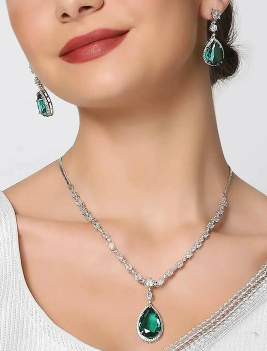 Emerald Green Drop Necklace Set for Women | CZ Diamond Pendant & Earrings Set | ImiStyleJewellery - Imistyle Jewellery