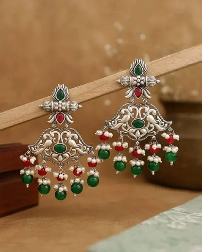 Traditional Oxidised Peacock Jhumka Earrings for Women | Green & Red Stone Ethnic Earrings Imitation Jewellery | ImiStyleJewellery - Imistyle Jewellery