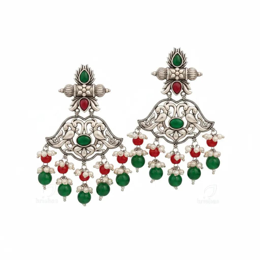 Traditional Oxidised Peacock Jhumka Earrings for Women | Green & Red Stone Ethnic Earrings Imitation Jewellery | ImiStyleJewellery - Imistyle Jewellery
