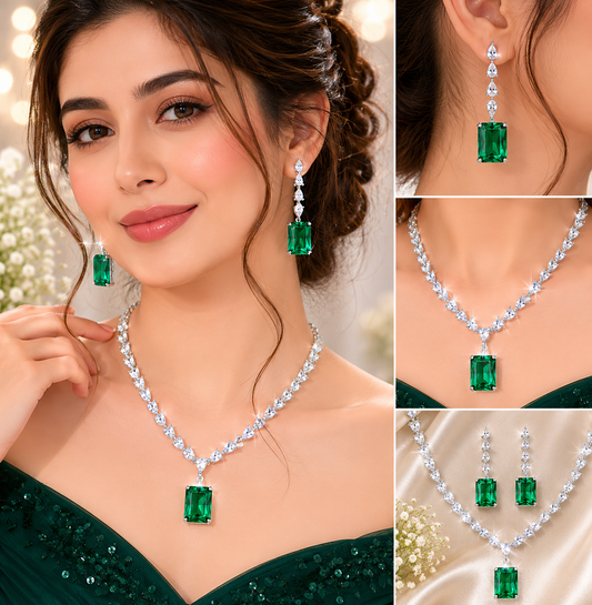 Luxury emerald green crystal necklace and earrings set for women, bridal wedding jewelry with sparkling stones
