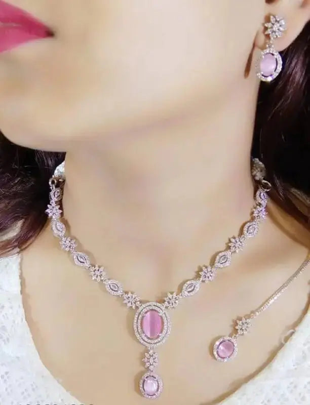 Pink Stone Bridal Necklace Set with Maang Tikka | CZ Diamond Wedding Jewellery Set | ImiStyleJewellery - Imistyle Jewellery