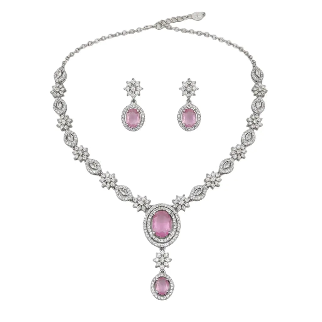 Pink Stone Bridal Necklace Set with Maang Tikka | CZ Diamond Wedding Jewellery Set | ImiStyleJewellery - Imistyle Jewellery