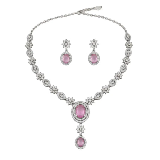 Pink Stone Bridal Necklace Set with Maang Tikka | CZ Diamond Wedding Jewellery Set | ImiStyleJewellery - Imistyle Jewellery