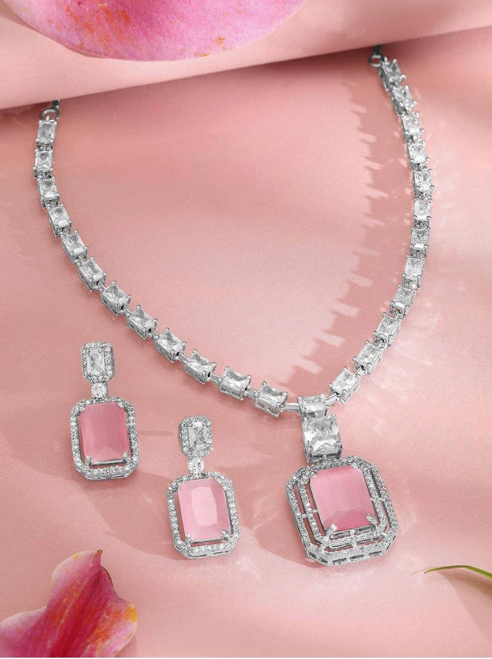 Elegant Pink Stone Necklace Set for Women | Crystal Square Pendant Earrings Set Imitation Jewellery | ImiStyleJewellery - Imistyle Jewellery
