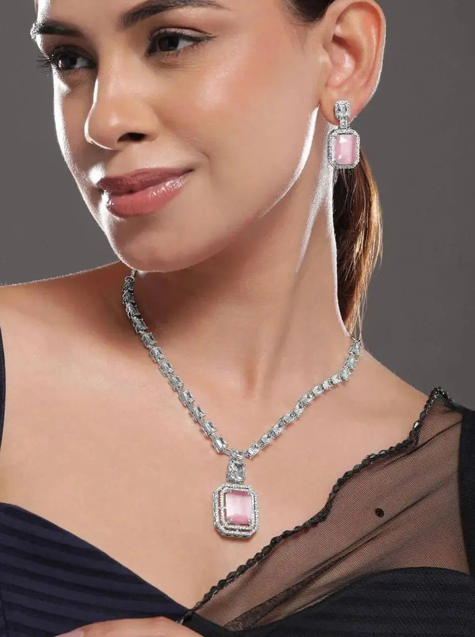 Elegant Pink Stone Necklace Set for Women | Crystal Square Pendant Earrings Set Imitation Jewellery | ImiStyleJewellery - Imistyle Jewellery