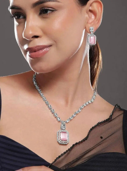 Elegant Pink Stone Necklace Set for Women | Crystal Square Pendant Earrings Set Imitation Jewellery | ImiStyleJewellery - Imistyle Jewellery