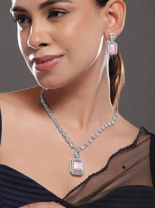 Elegant Pink Stone Necklace Set for Women | Crystal Square Pendant Earrings Set Imitation Jewellery | ImiStyleJewellery - Imistyle Jewellery