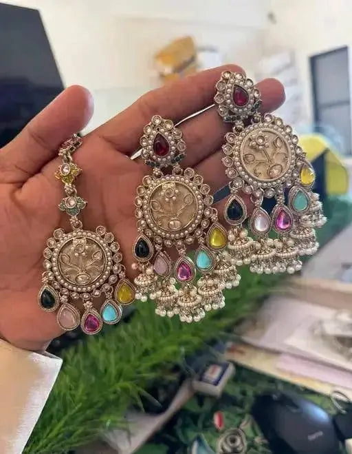 Multicolor Oxidised Chandbali Earrings with Maang Tikka Set | Traditional Pearl Drop Ethnic Jewellery for Women | ImiStyleJewellery - Imistyle Jewellery