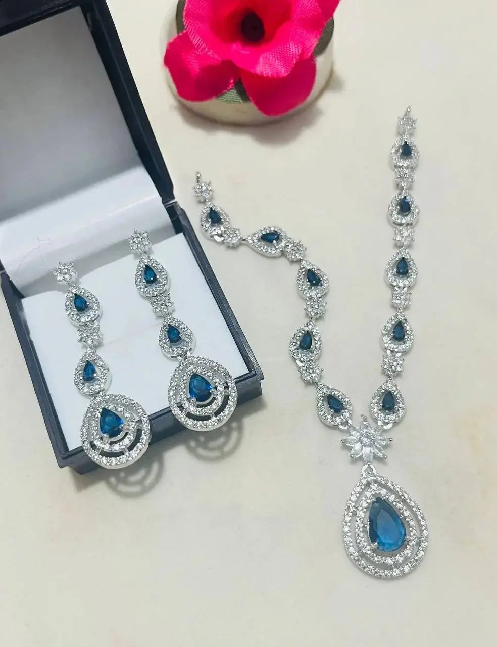 Teardrop Crystal Necklace Set for Women | Luxury Stone Imitation Jewellery Necklace Set with Earrings (Blue, Green, Red, Pink, White) – ImistyleJewellery - Imistyle Jewellery