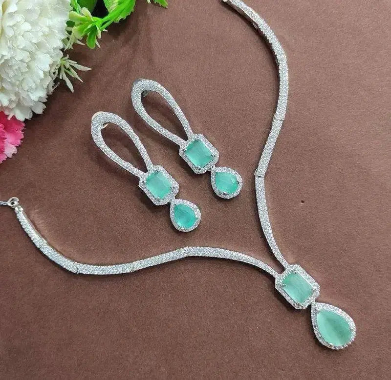 Mint Green Stone Necklace Set for Women | CZ Diamond Pendant & Earrings Set | ImiStyleJewellery - Imistyle Jewellery