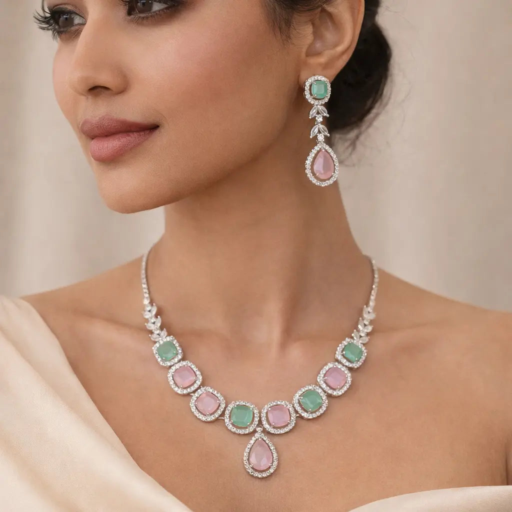Dual Tone Pink & Mint Stone Necklace Set with Drop Earrings | Luxury Imitation Jewellery for Women | ImiStyleJewellery - Imistyle Jewellery